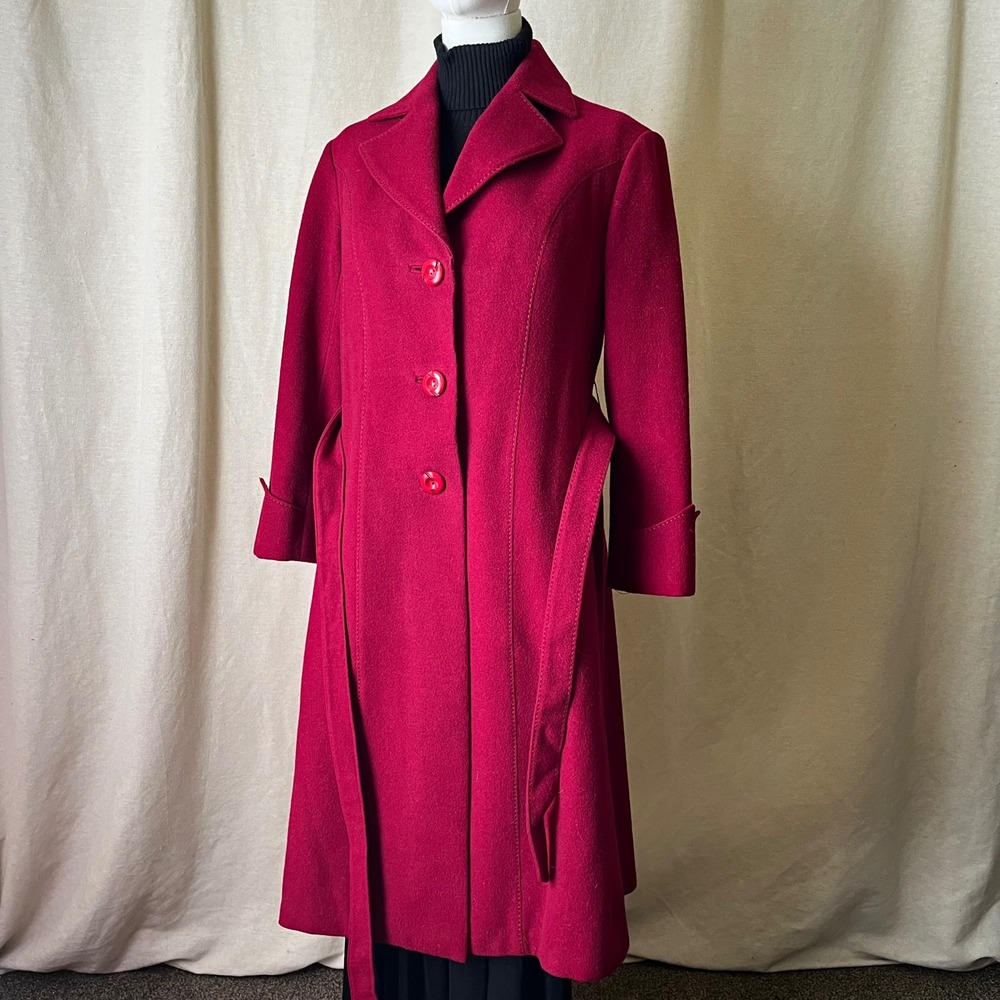 Vintage Red Wool Belted Coat XS S Quilted Zip Out Lining - Picture 3 of 10